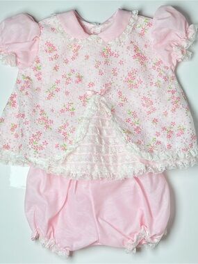 Vintage 80s 90s Pink Floral Lace Sheer Overlay Dress & Bloomer Matching Set